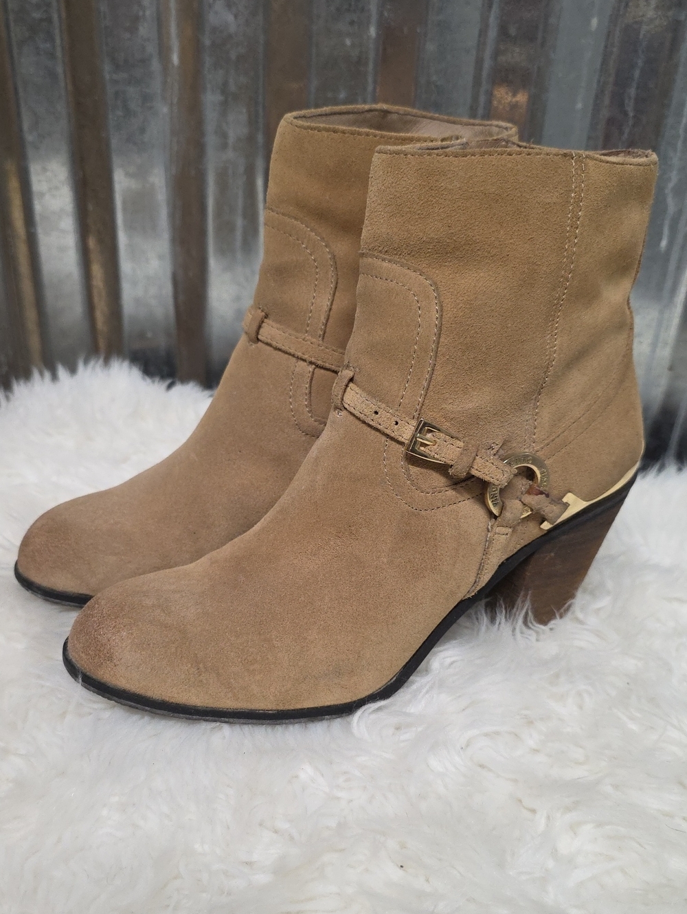 Vince Camuto Beige Suede Ankle Booties with Buckle Accent